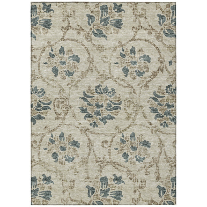 Tapis d'intérieur beige 3 pi x 5 pi beige à motif floral lavable