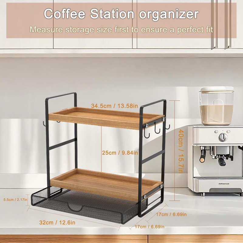 Organisateur de station de café avec support à dosettes et tiroir, organisateur de comptoir de cuisine, station d'accessoires de bar à café avec rangement pour dosettes de café, organisateur de café en bois à 2 niveaux avec 6 crochets