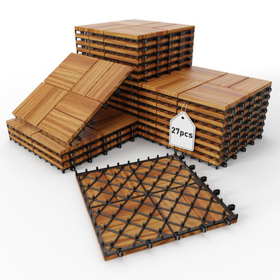 27 PCS 12" X 12" Acacia Deck Tiles, Waterproof Interlocking Deck Tiles for Indoor/Outdoor Wood Flooring, Easy DIY Snap Together Patio Flooring for Balcony, Backyard, Deck & Pool Area