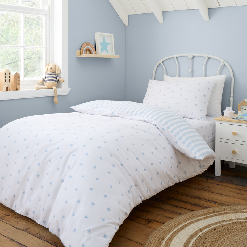 Mini Star & Stripes Reversible Cotton Duvet Cover Set, Blue, Double Duvet Cover + 2 Standard Pillowcases