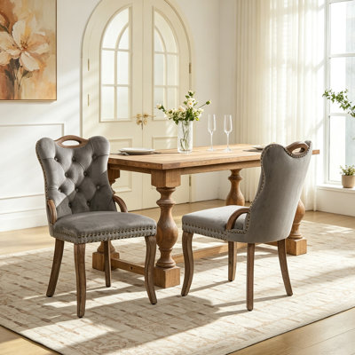 Velvet Dining Chair With Handmade Tufted Trim, Solid Wood Handles On Top And Sides, Vintage Copper Nail Decoration, Curved Solid Wood Legs, Elegant Overall Shape,Set Of 2,