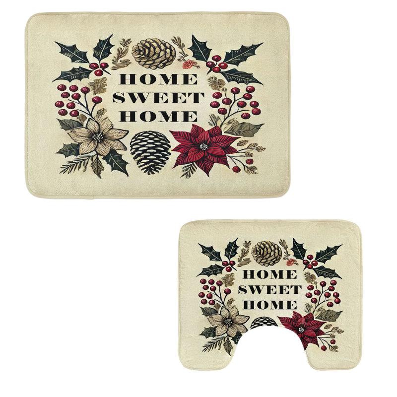  Christmas Bathroom Rug Set 2 Pieces Rectangle & Contour Mats Raspberry Cream Teal