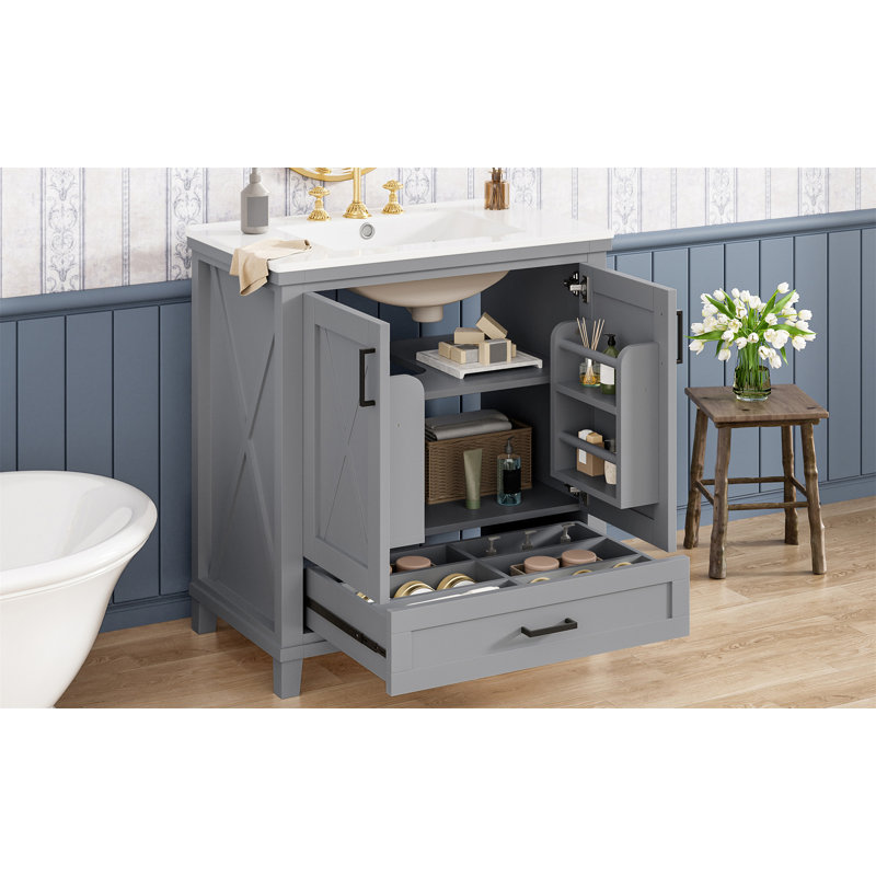 Meuble-lavabo de 30 pouces avec lavabo simple, structure en bois massif et panneau de fibres à densité moyenne, 2 portes à fermeture en douceur, 1 tiroir divisé, 2 tablettes de rangement, un grand espace de rangement, idéal pour les petites et moyennes salles de bain