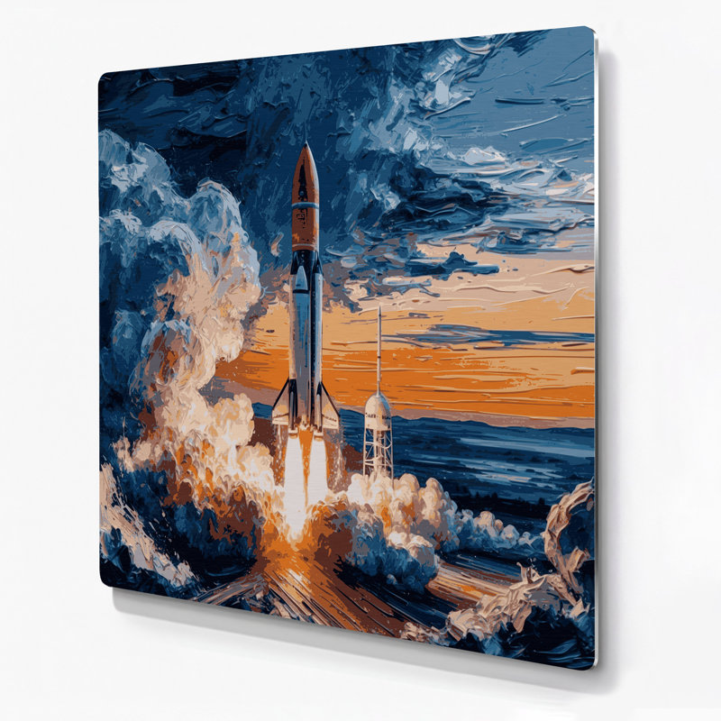 Space Rocket lance un art mural en métal bleu