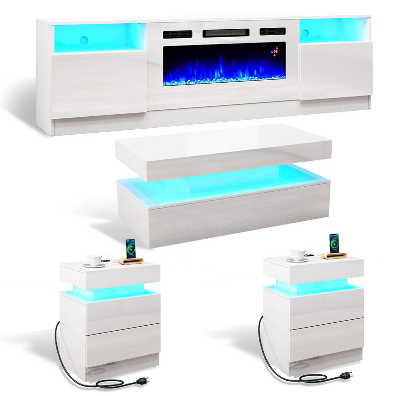 Bhhatu 4-piece Modern High Gloss Living Room Table Set,70" Fireplace Tv Stand, Coffee Table,2 End Table,White, White