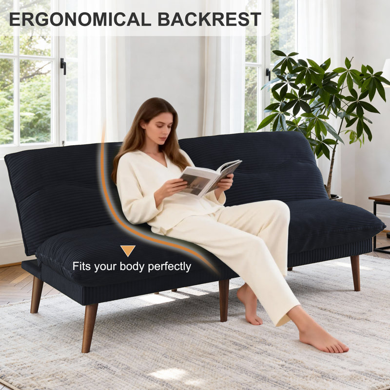 Deyra 75'' Corduroy Sofa Futon Couch with 4 in 1 Multi-Functional Adjustable Backrest Loveseat for Living Room, Black 