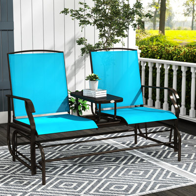 Outdoor Glider Bench With Center Coffee Table - Blue. Metal Frame For Backyard. Breathable Mesh, 264 Lbs. Seat Capacity, Double Gliding Fun Backyard Patio Blue Enjoyment, Garden, Porch, Balcony