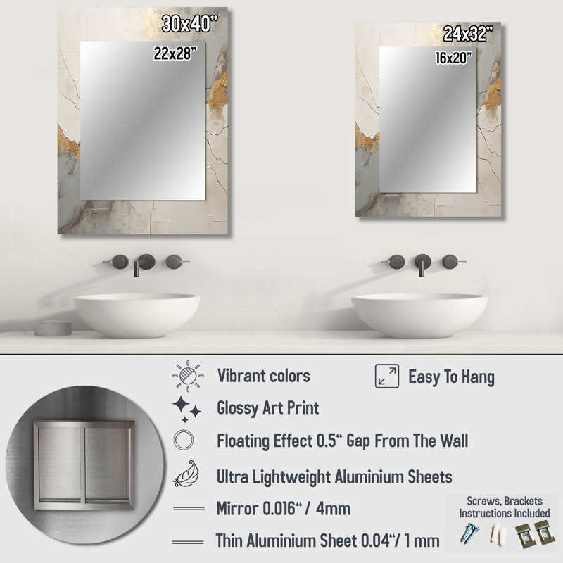 Beige doré minimalisme Poteries I - miroir décoratif spirales abstraites, miroir mural beige, impression d'art en métal