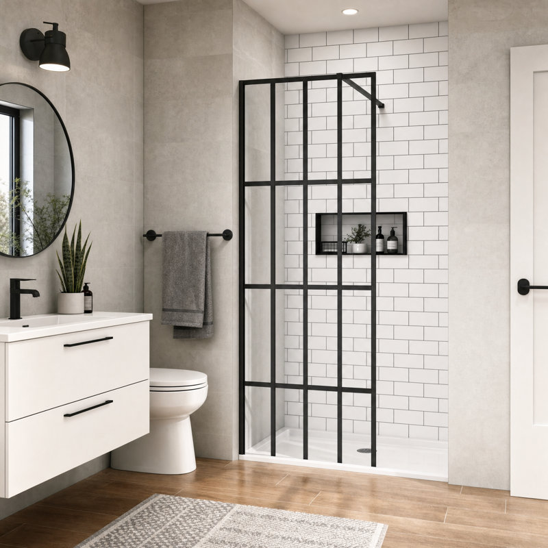Cadre noir ZHOWI avec porte de douche à l'italienne 34 po x 72 po, panneau de douche en verre trempé 4 pièces, cabine de douche sans cadre