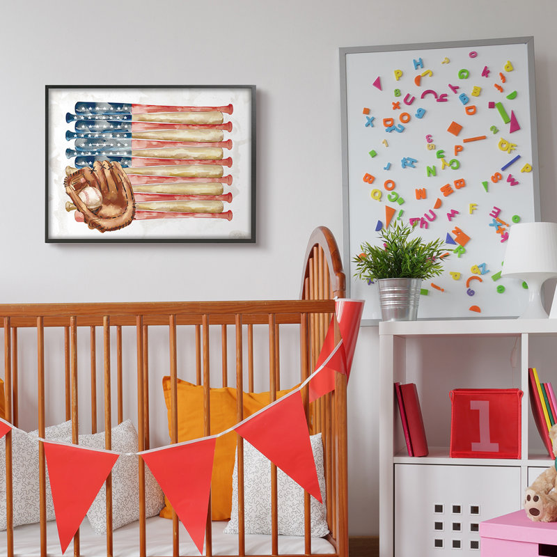 Drapeau américain de baseball sport pour enfants, gant XXL noir, art texturé par Ziwei, Giclée encadrée noir minuit