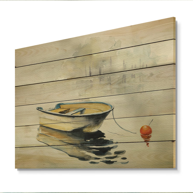 Bateau de pêche, lac dans une rivière - peinture sur bois sans cadre, H 8 po x l 12 po x P 1 po