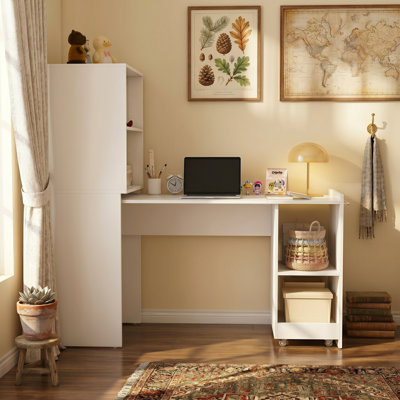 33.4inch Stretchable Desk, White MDF Home Desk, Office Desk with Storage Shelves and 360° Universal Mobile Wheels, Foldable Desk Suitable for Small Apartments and Offices