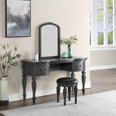 Ensemble coiffeuse en bois d'hévéa avec tabouret