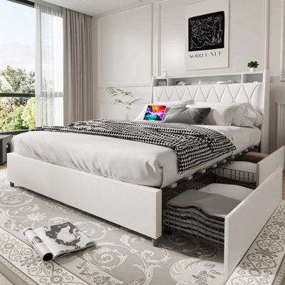 Bed Frame With Ergonomic Headboard, Platform Bed Frame With Outlets & Charger, Bed Frame With Storage Shelf