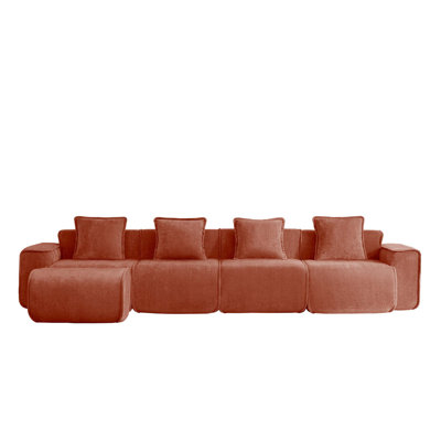Canapé modulaire en L à 4 places avec passepoil à bordure française, sans assemblage requis, canapé à 4 places avec coussins décoratifs et 1 repose-pieds mobile, tissu de velours