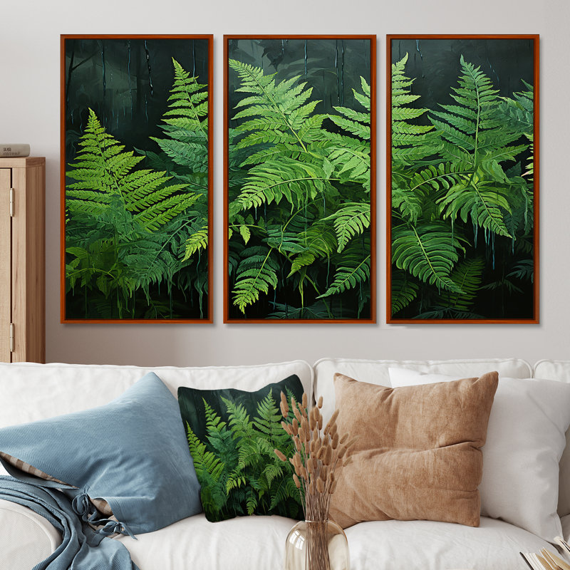 Emerald Green Ferns Forest I - Plants, ensemble d'art sur toile, H 28 po x l 36 po x P 1 po, Cadre flottant brun