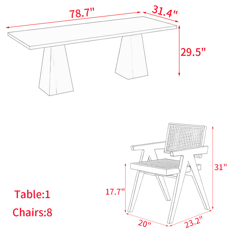 Ensemble de table de salle à manger en bois massif de style japonais, H 29,5 po x L 78,7 po x l 31,4 po