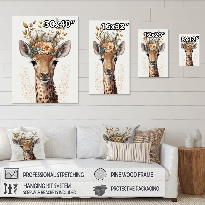 Mignon bébé girafe avec couronne florale II - animaux, art mural sur toile, L 16 po x H 32 po, Toile tendue