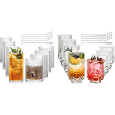 Set Of 16 Vintage Glassware – 4 Highball Glasses (12 Oz), 4 Rocks Glass Cups (14 Oz), 4 Highball Glasses (14 Oz), 4 Rocks Glass Cups (12 Oz) With Straws – Ribbed And Arch Design Cocktail Glasses For C
