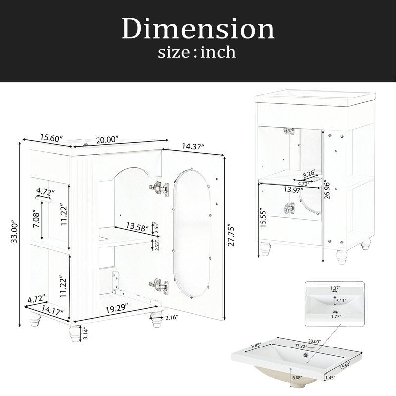 Meuble-lavabo de 20 po avec lavabo, meuble-lavabo avec tablette à deux niveaux, tablette réglable, bois massif et panneau de fibres à densité moyenne, blanc