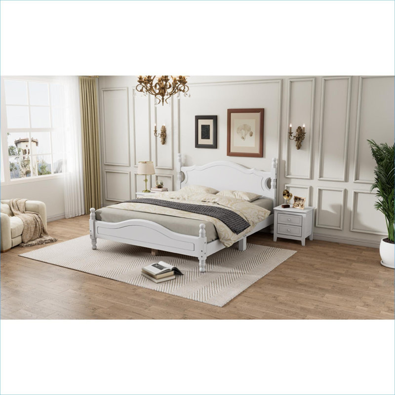 White-toned solid wood platform bed frame for queen size mattress support, retro style bedroom furniture with integrated wooden slat system