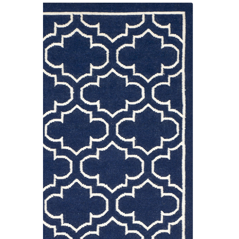 Rodgers Hand Woven Flat Weave Banana Silk/Wool/Cotton Geometric Rug in Ivory/Navy, Square 7'
