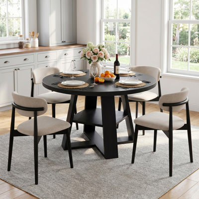 Table de salle à manger de 43 pouces en bois pour 4-6, table de cuisine de ferme avec piédestal en croix et tablette de rangement pour la cuisine et la salle à manger