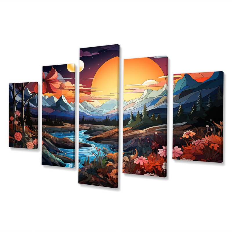 «Yellow Enchanted Meadows Fantasy II», paysages abstraits, art mural multi-panneaux