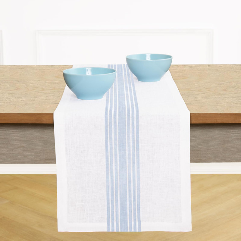 Farmhouse - 100% Pure Linen Table Runner, 72" x 14", Dusty Blue/White