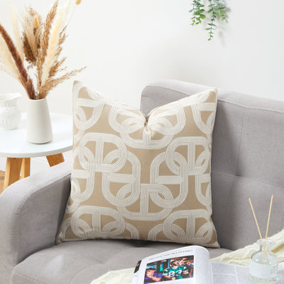 Luxury Yarn-Dyed Jacquard Throw Pillow Cover 18x18 Inch – Horseshoe Buckle & Animal Motif, Soft Polyester, Hidden Zipper, Machine Washable – Milk Tea Color