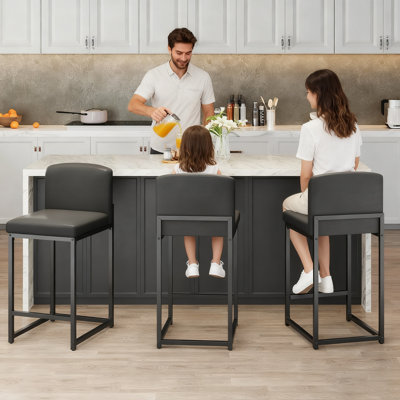 Ensemble de 2 tabourets de bar, tabourets de bar à hauteur de comptoir moderne avec dossier et repose-pieds, tabourets de bar rembourrés en similicuir pour îlot de cuisine, noir