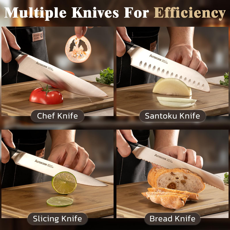 Ensemble de 17 couteaux en acier inoxydable allemand avec bloc et affûteur - couteaux de cuisine pleine grandeur allant au lave-vaisselle, poignée ergonomique antidérapante, ensemble de couteaux de chef professionnel