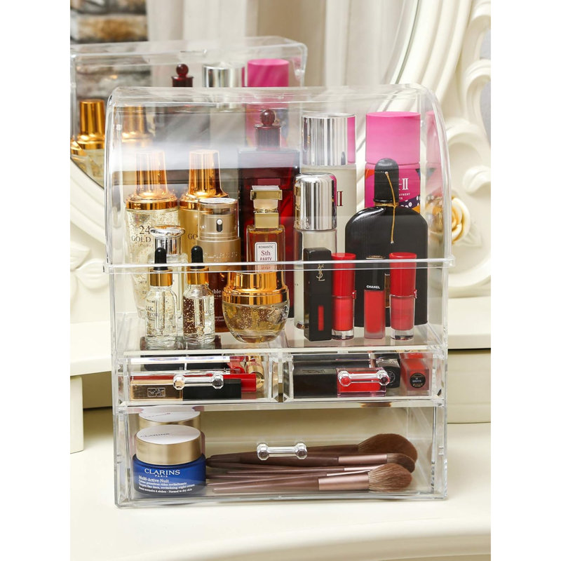Noir professionnel grand organisateur de maquillage cosmétique anti-poussière, Transparent
