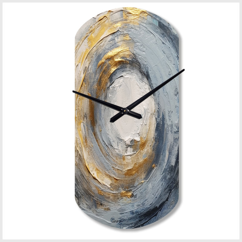 Or et bleu, spirales vibrantes IV - horloge abstraite asymétrique en métal, horloge murale cylindrique moderne, Grand