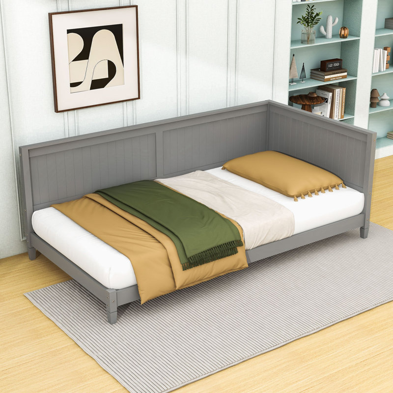 Lit de jour en bois avec lattes robustes et pieds centraux, Lit simple, Gris