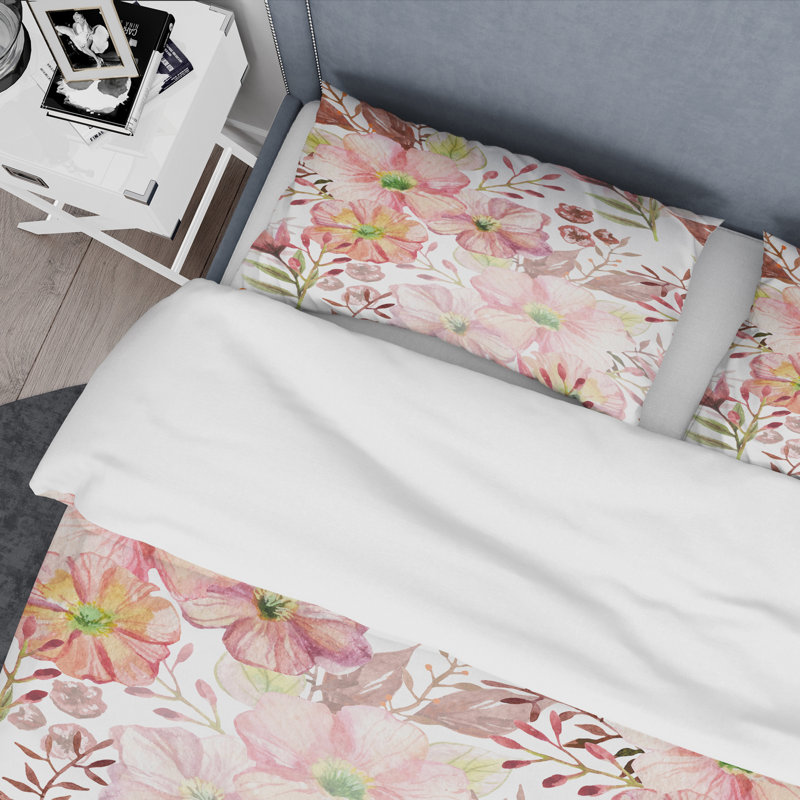 Retro Art Deco - Mid century bedding set - Modern Mid-century Bed cover set, Twin Duvet Cover + 1 Sham, Pink/Green Floral