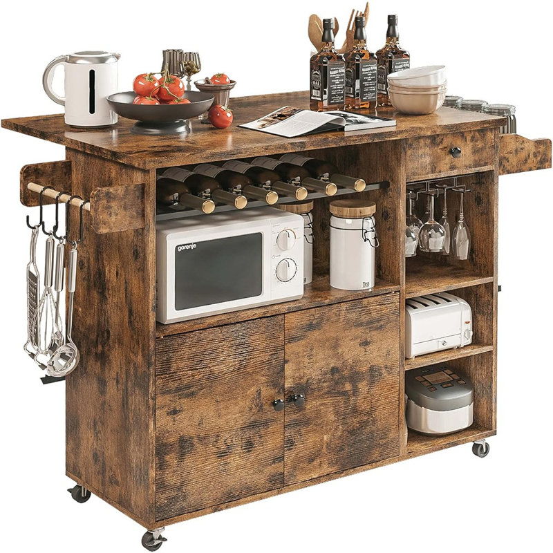 Rolling Kitchen Island Cart With Drop-leaf, Storage Solution with Wine Rack, Storage Cart for Kitchen, vintage Brown