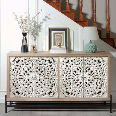 Armoire à 4 portes en bois, armoire à 4 portes en bois sculpté rétro avec base en métal pour rangement dans le salon, la salle de bain, le vestibule et la cuisine