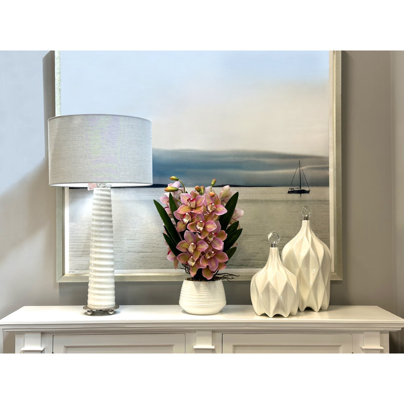 Orchid Arrangement with Rocks in a Ceramic Pot, Pink