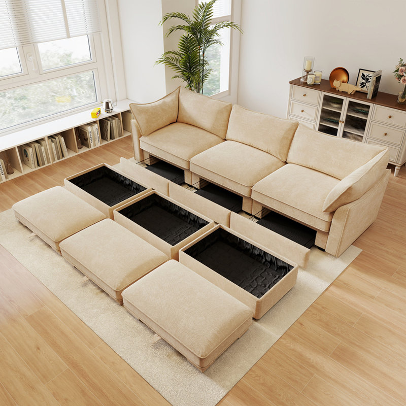 Canapé 3 places avec 3 repose-pieds, canapé-lit de cinéma maison 3 places large et profond pour le salon, canapé modulaire modulaire avec tiroir coulissant de rangement sous chaque siège, chenille