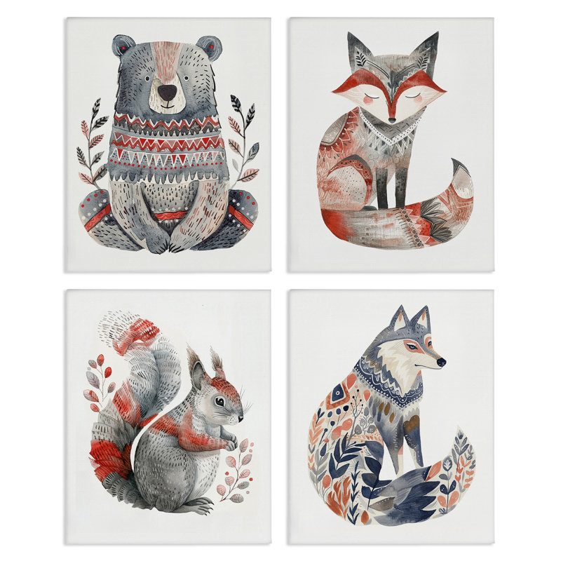  «Scandinavian Forest Animals», ensemble d'art sur toile 4 pièces par LSR Design Studio, H 14 po x l 11 po