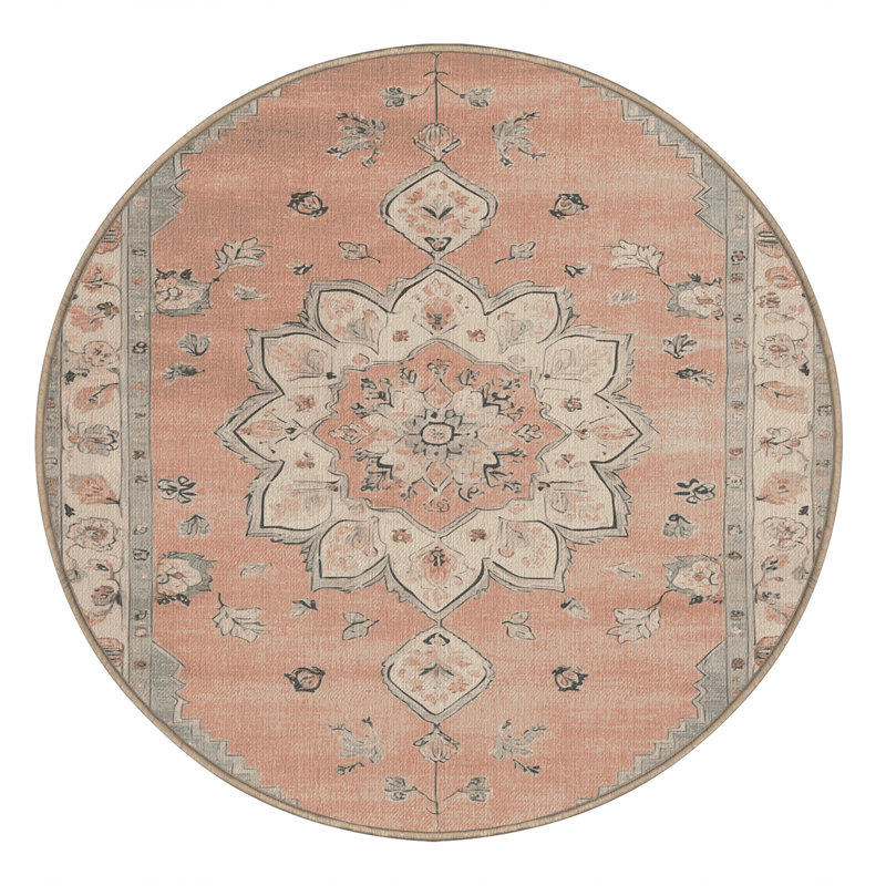 Tapis beige lavable à la machine Afyon, Rond 4 pi