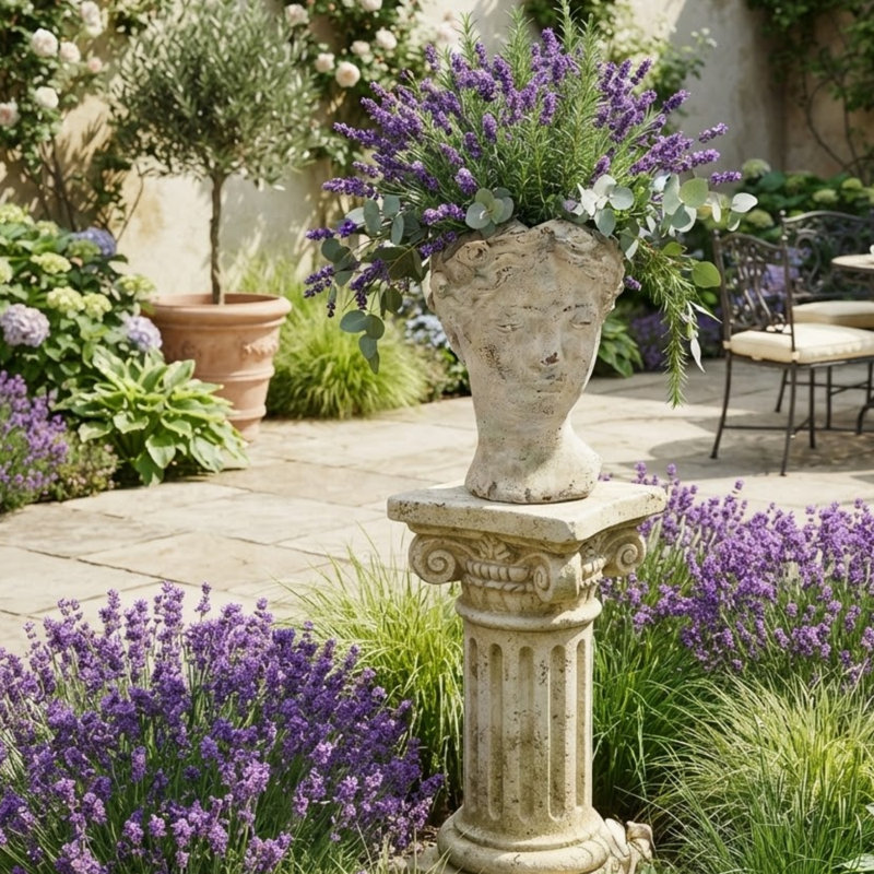 Cement Bust Flower Pot Planter - Decorative Statue Planter for Indoor & Outdoor Home, Patio and Garden Décor, Cream