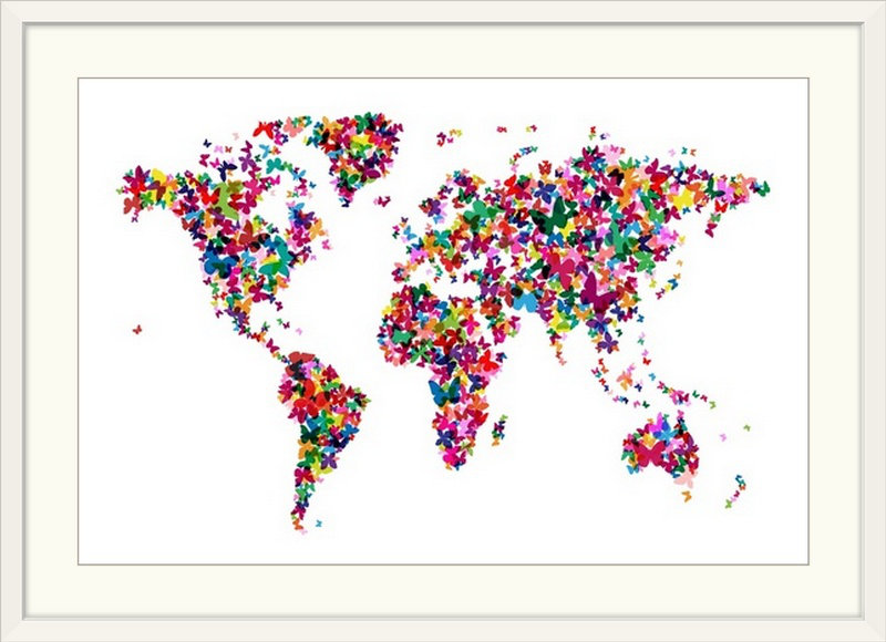 «World Map» par Francy, impression, H 32 po x l 44 po x P 1 po, Cadre blanc