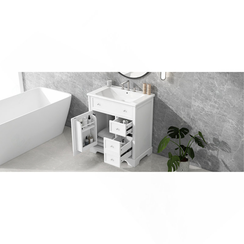 Meuble-lavabo 30 po avec comptoir, meuble-lavabo avec porte et deux tiroirs, panneaux de fibres à densité moyenne, bois massif, blanc