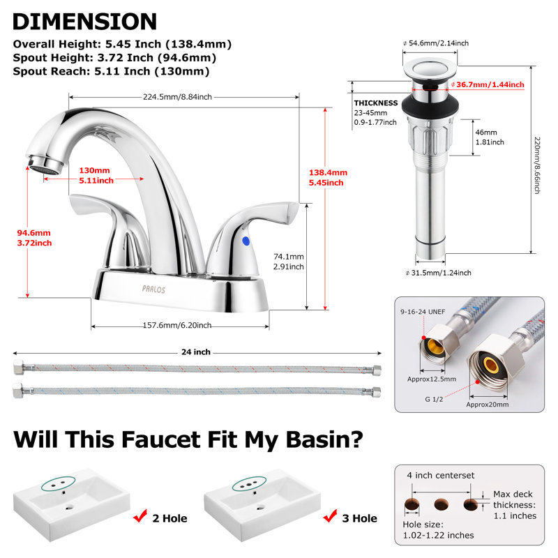 Centerset 2-handle Bathroom Faucet with Drain Assembly, Polished Chrome