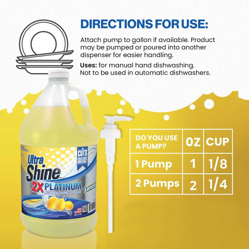 Ultra Shine  4 Pack 2X Platinum Dish Cleaning Liquid, Lemon, 1 Gallon, Yellow