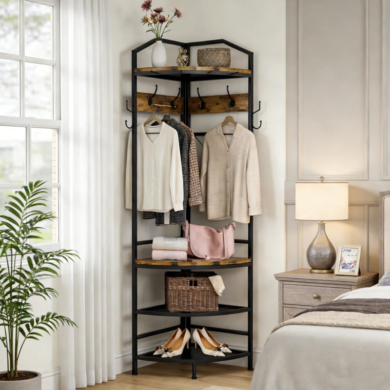 4-Tier Corner Hall Tree With 6 Double Hooks For Entryway, Farmhouse Corner Coat Rack With Shoe Bench, Freestanding Clothes Rack Shoes Shelf Organizer For Home Office Bedroom, Entryway, Hallway