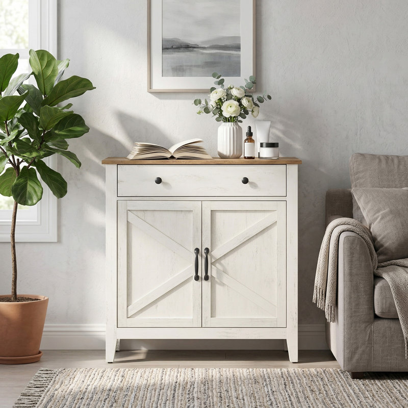 Buffet décoratif 2 portes avec séparateur de tiroirs Cassiana, Blanc délavé / brun