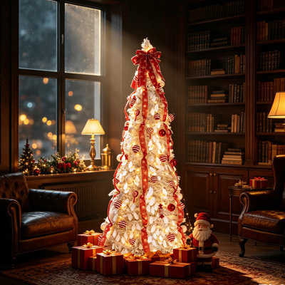 Sapin de Noël artificiel blanc pliable de 1,80 m, préilluminé avec 100 DEL blanc chaud et 8 modes d'éclairage, orné de rubans et de décorations rouges et blanches, idéal pour la maison, le bureau, l'entrée ou un magasin. Décoration de Noël idéale pour les fêtes.